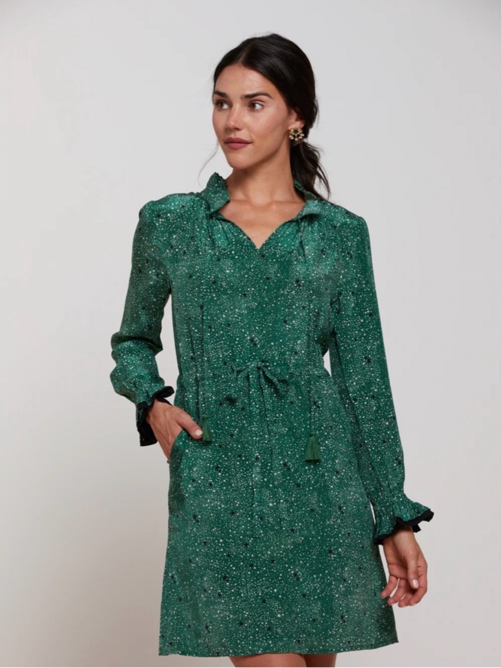 Rungolee Size Small Green Stardust Francesca Full Sleeve Dress Silk Crepe Ruffle